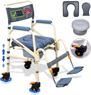 SolutionBased - FSA HSA Eligible - Lightweight Aluminum Folding Rolling Shower Chair for Elderly and Disabled - Rolling Commode Shower Wheelchair - Commode - Handicap Shower Chair with Wheels