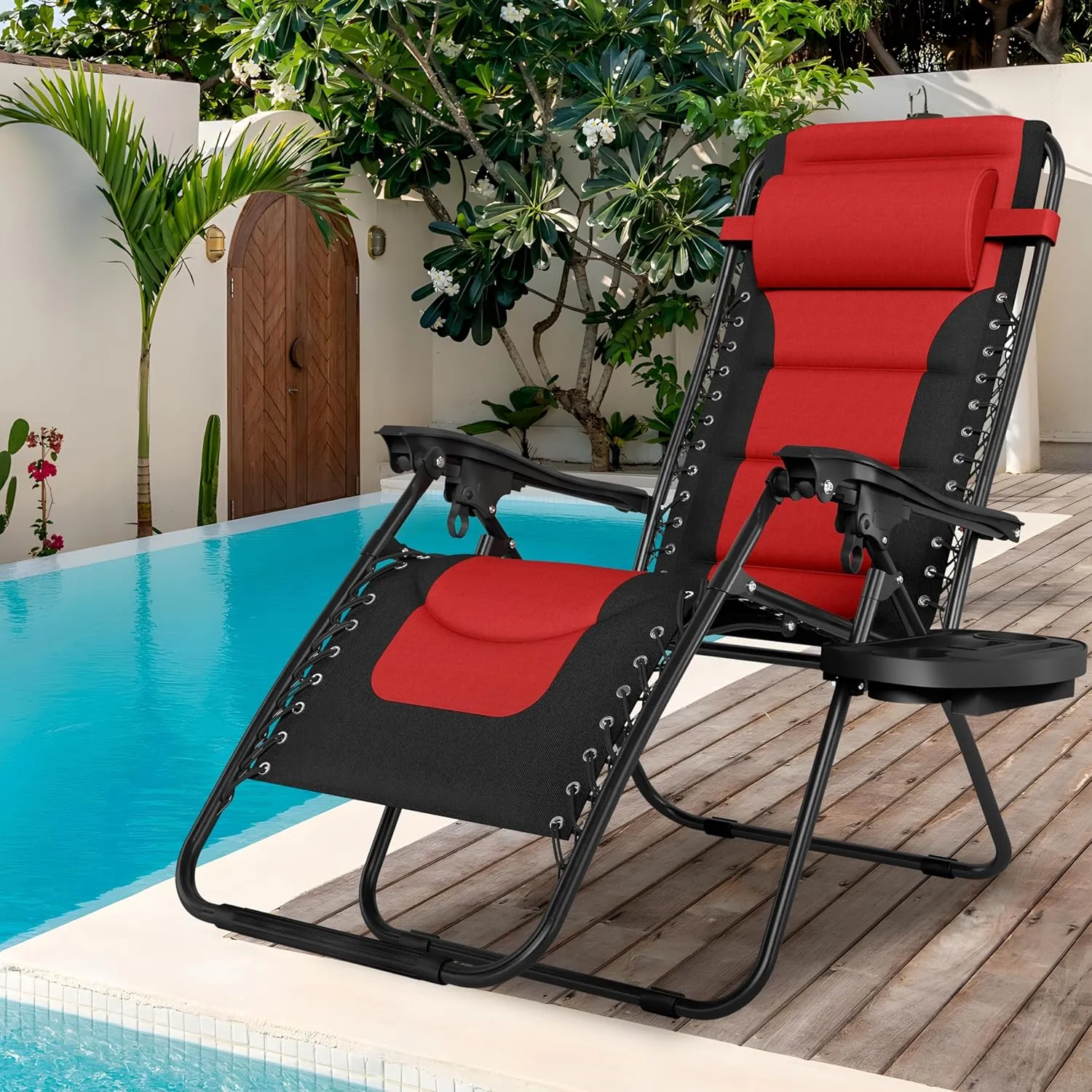 Sophia & Willliam Zero Gravity Chair Padded, Reclining Folding Chair with Free Cup Holder (Red)