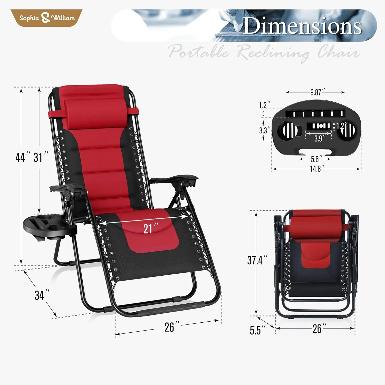 Sophia & Willliam Zero Gravity Chair Padded, Reclining Folding Chair with Free Cup Holder (Red)