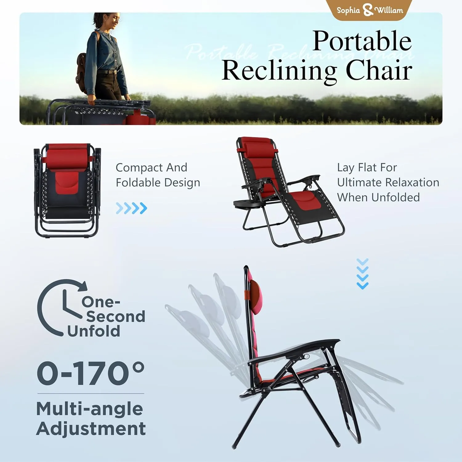 Sophia & Willliam Zero Gravity Chair Padded, Reclining Folding Chair with Free Cup Holder (Red)