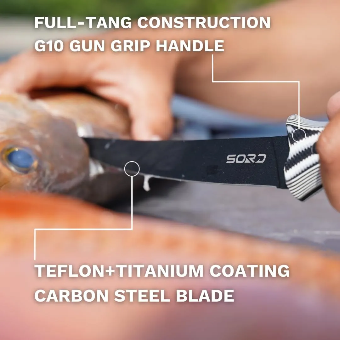 SORD 5-9' Fillet Knife - Fishing & Meat Cutting with Sheath - Razor Sharp Carbon Steel Filet Knife for Cleaning Fish and Skinning - Full Tang G10 Handle | Corrosion Resistant