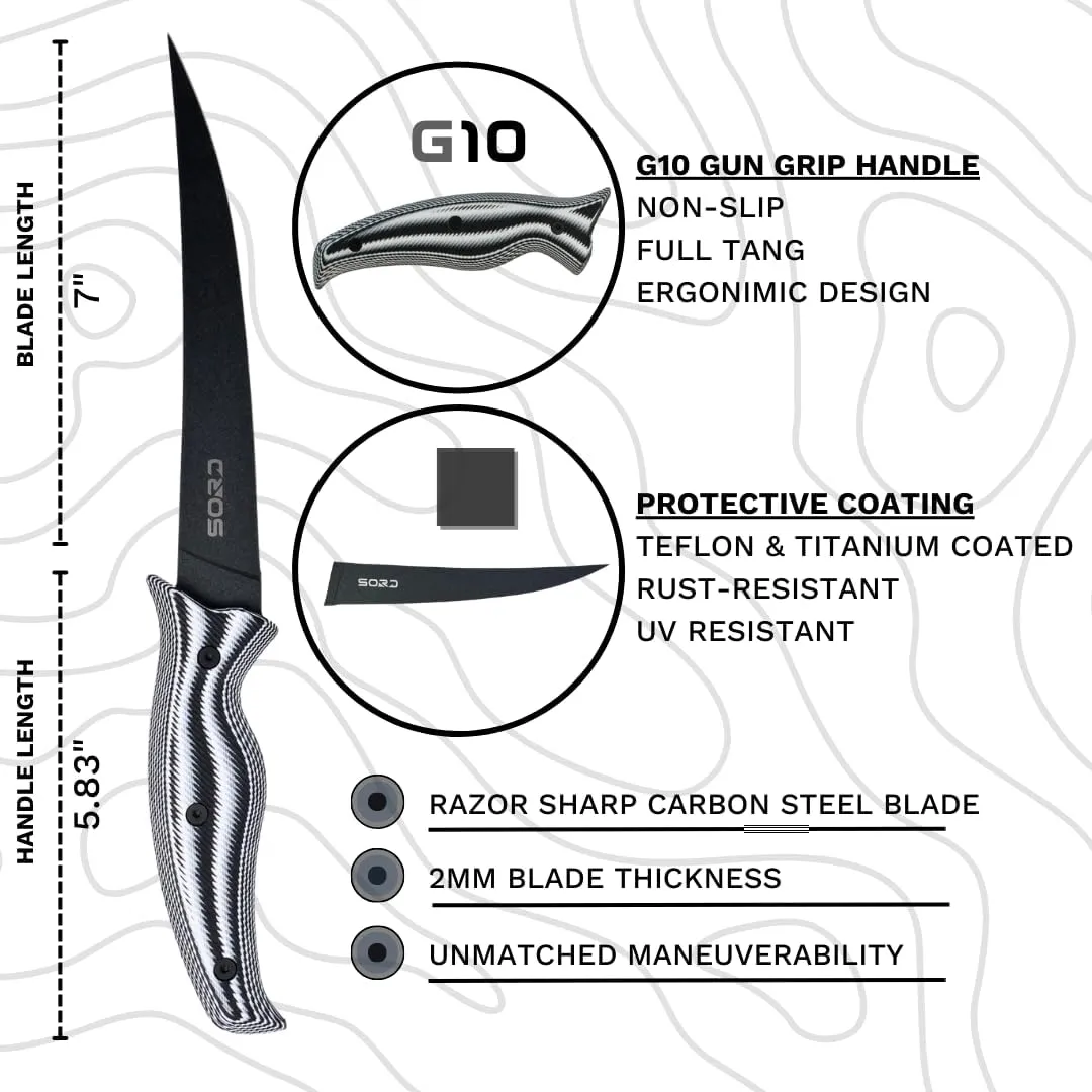 SORD 5-9' Fillet Knife - Fishing & Meat Cutting with Sheath - Razor Sharp Carbon Steel Filet Knife for Cleaning Fish and Skinning - Full Tang G10 Handle | Corrosion Resistant