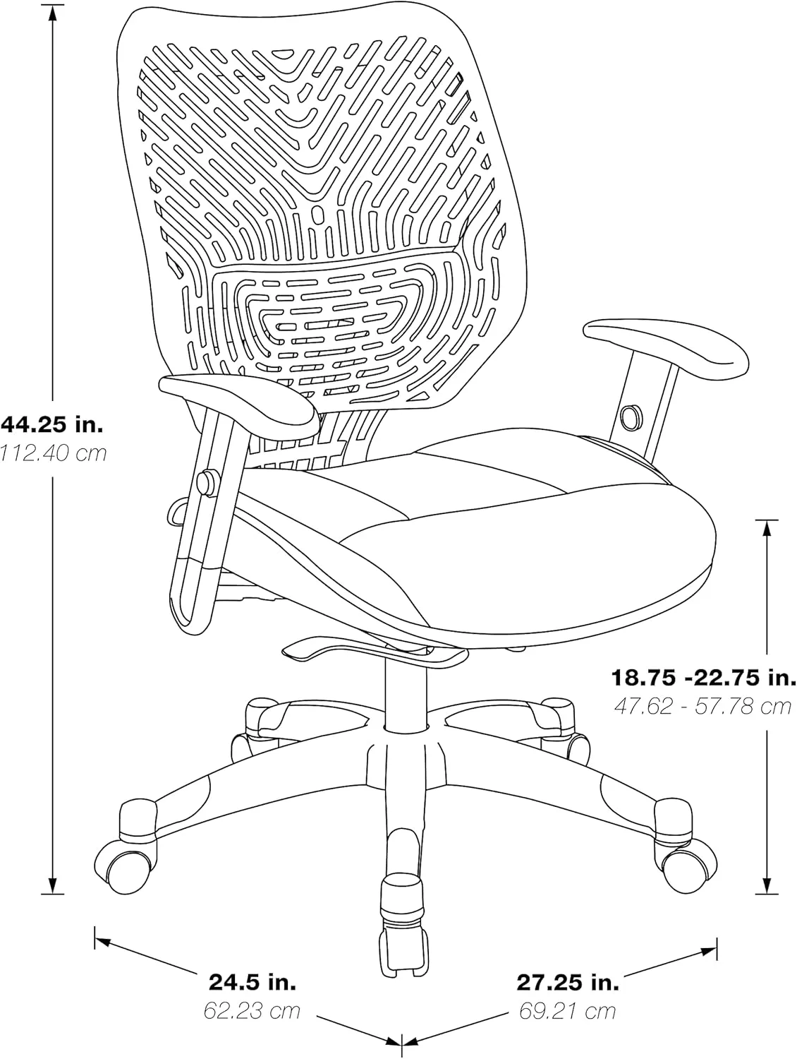 SPACE Seating REVV Self Adjusting SpaceFlex Kiwi Backrest Support and Padded Kiwi Mesh Seat with Adjustable Arms and Platinum Finish Base Managers Chair