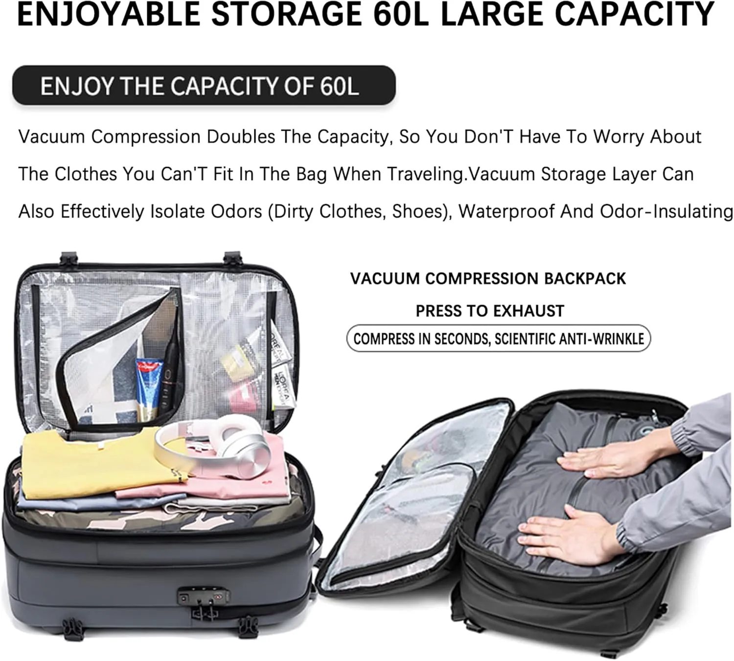 Space Vac Pro Vacuum Backpack Travel Bag,Voyagevac Vacuum Air Seal Compression Travel Expandable Backpack (Light Gray)
