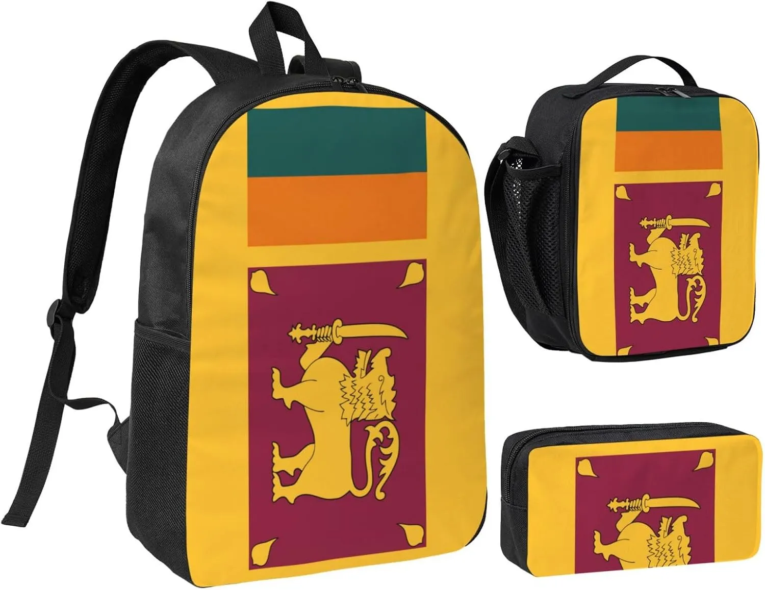 Sri Lanka Flag print Backpack 3pcs Set Including 17 Inch Large BookBag With Lunch Bag And Practical Pen Bag