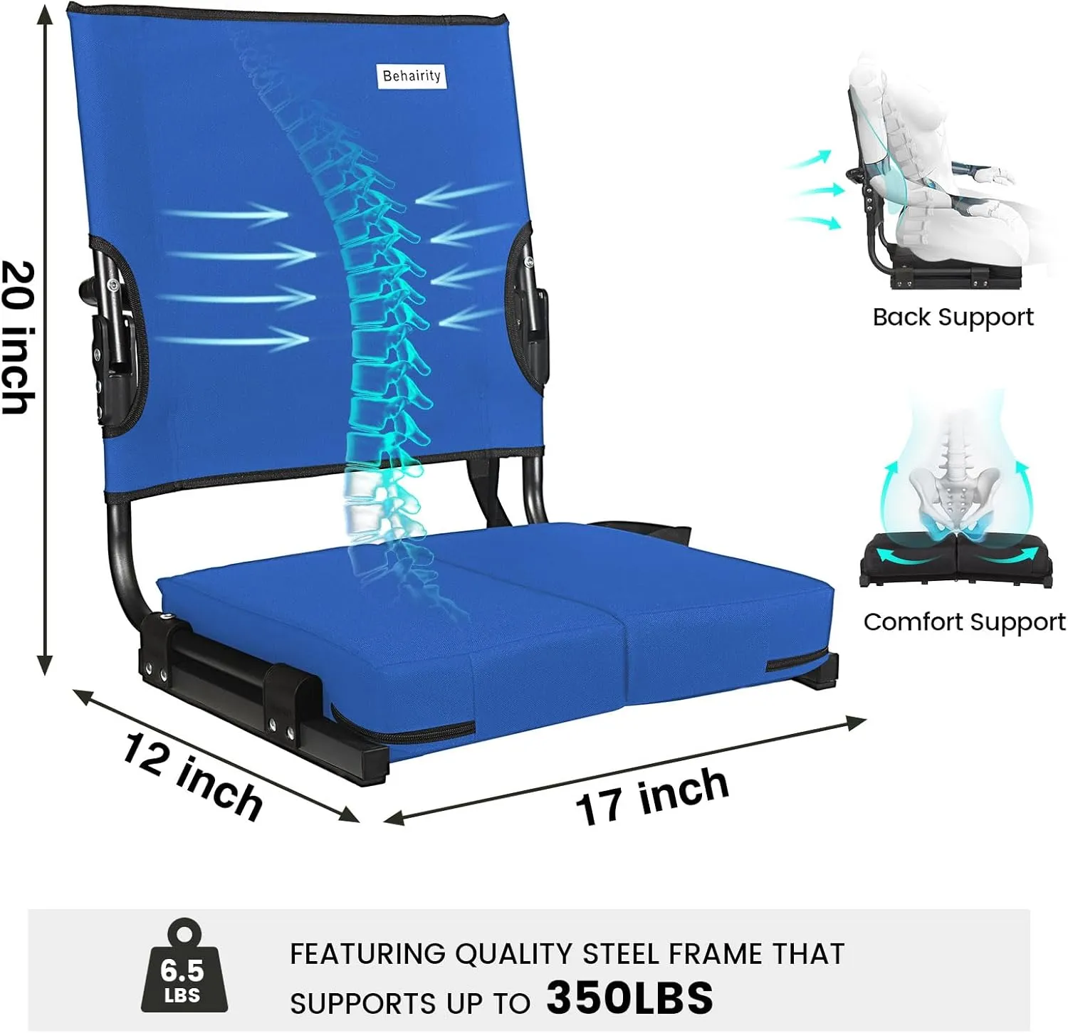 Stadium Seats for Bleachers with Back Support Wide, Portable Bleacher Chairs with Highest Back and Thick Cushion, Folding Padded Stadium Chair for Adults at Sports Events and Concerts. (Blue)
