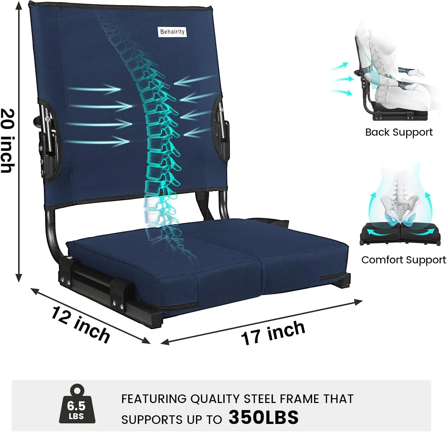Stadium Seats for Bleachers with Back Support Wide, Portable Bleacher Chairs with Highest Back and Thick Cushion, Folding Padded Stadium Chair for Adults at Sports Events and Concerts. (Navy Blue)