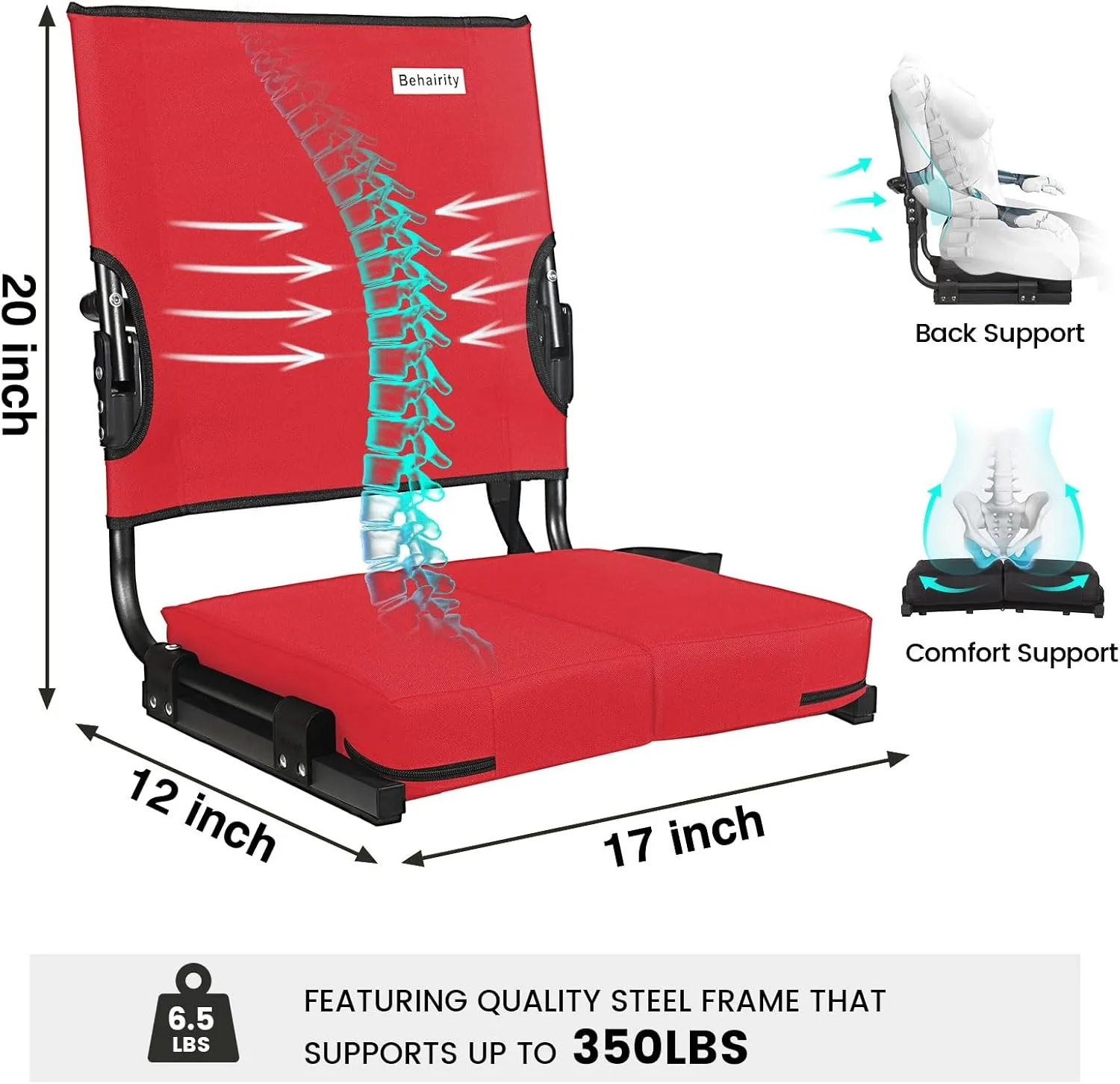 Stadium Seats for Bleachers with Back Support Wide, Portable Bleacher Chairs with Highest Back and Thick Cushion, Folding Padded Stadium Chair for Adults at Sports Events and Concerts. (Red)