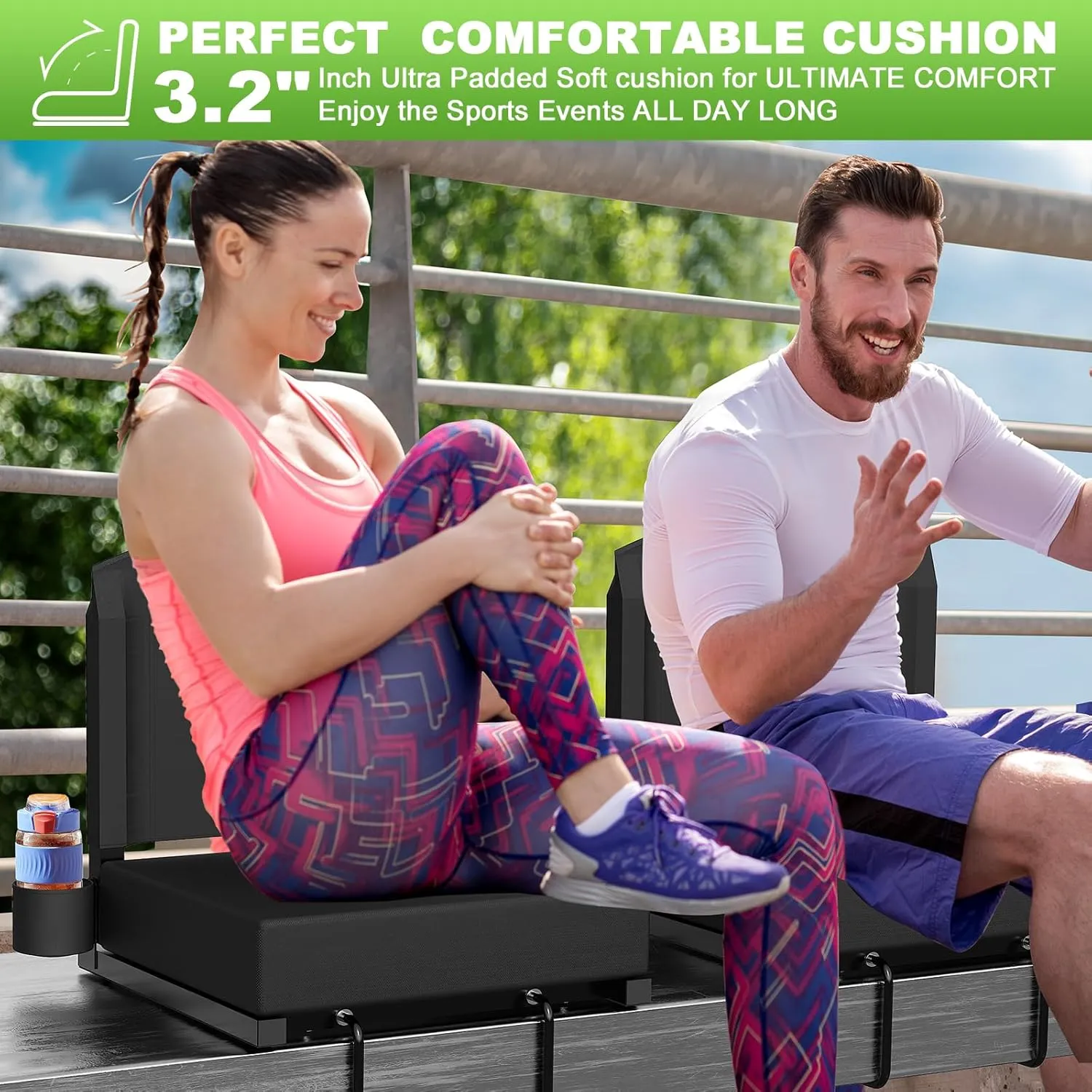 Stadium Seats with Back Support, Portable Bleacher Seat for Bleachers Hold up 400lbs, Wide Bleacher Seat with Shoulder Strap & Handle Perfect for Sports Events (Black, 1pcs)