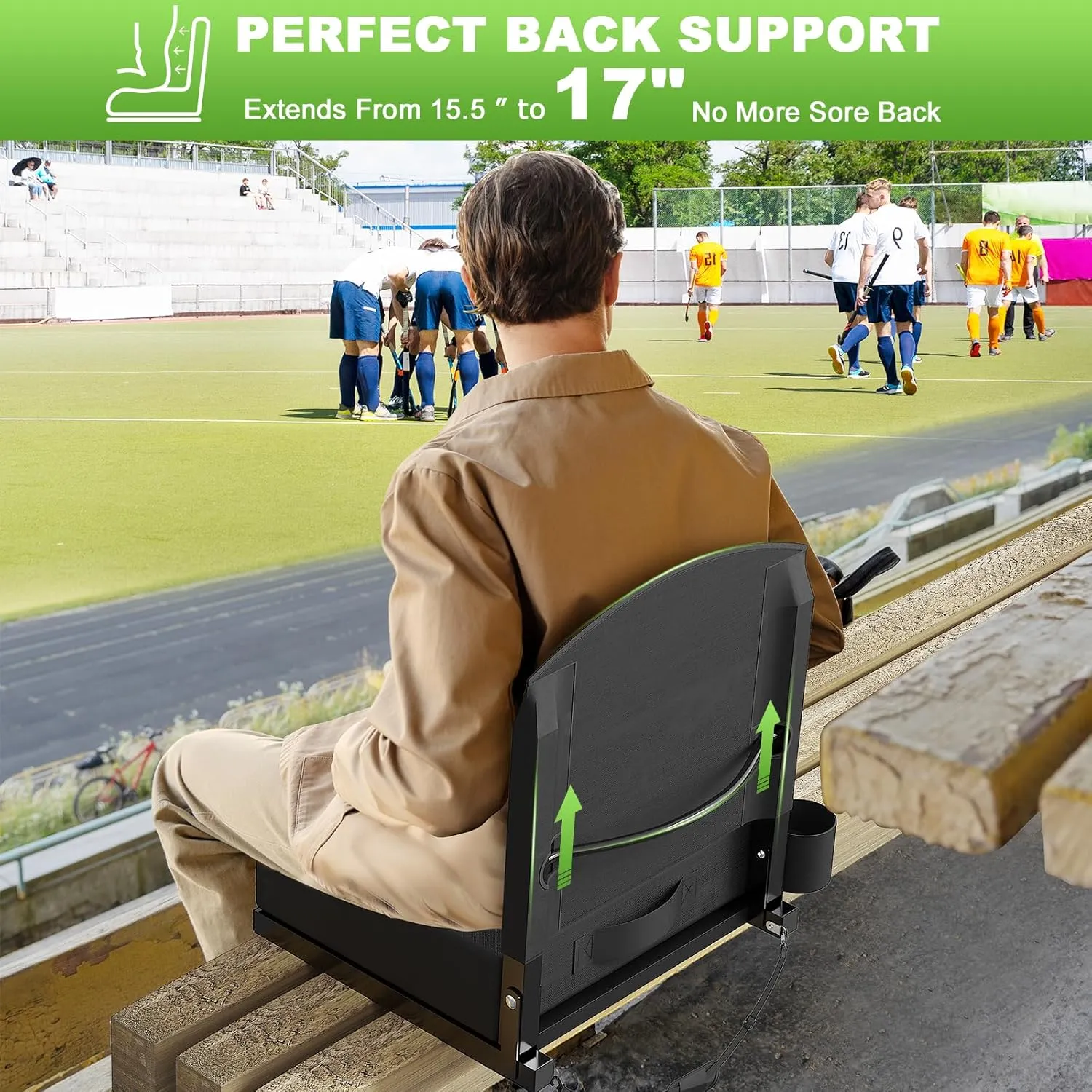 Stadium Seats with Back Support, Portable Bleacher Seat for Bleachers Hold up 400lbs, Wide Bleacher Seat with Shoulder Strap & Handle Perfect for Sports Events (Black, 1pcs)