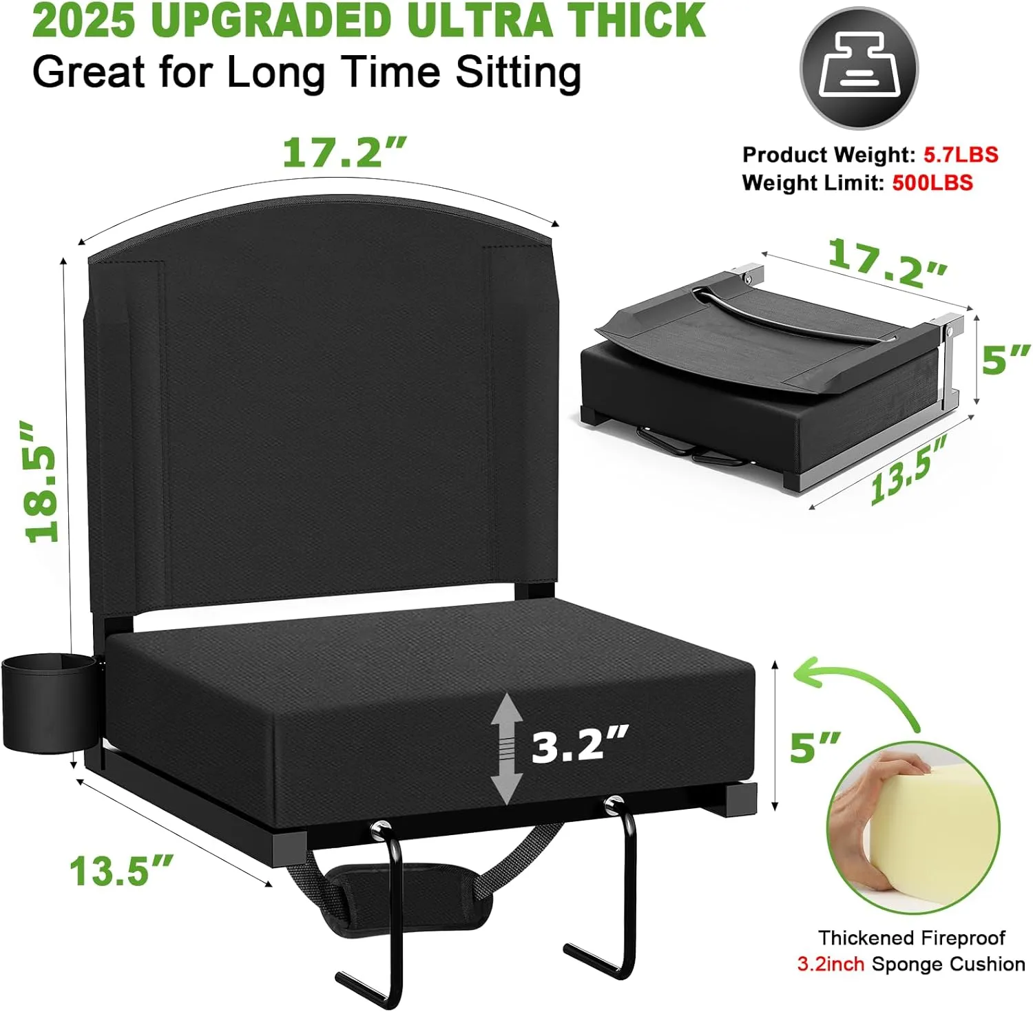 Stadium Seats with Back Support, Portable Bleacher Seat for Bleachers Hold up 400lbs, Wide Bleacher Seat with Shoulder Strap & Handle Perfect for Sports Events (Black, 1pcs)