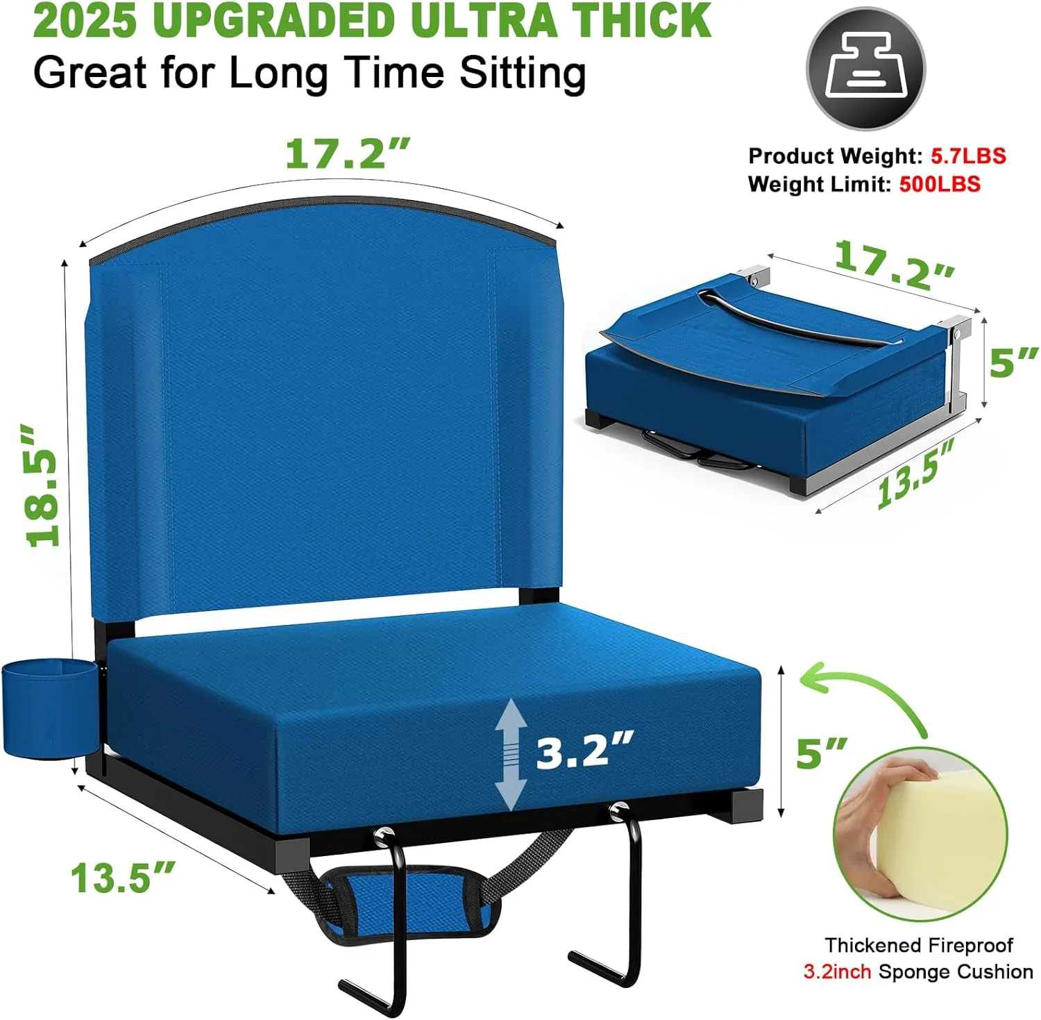 Stadium Seats with Back Support, Portable Bleacher Seat for Bleachers Hold up 400lbs, Wide Bleacher Seat with Shoulder Strap & Handle Perfect for Sports Events (Blue, 1pcs)