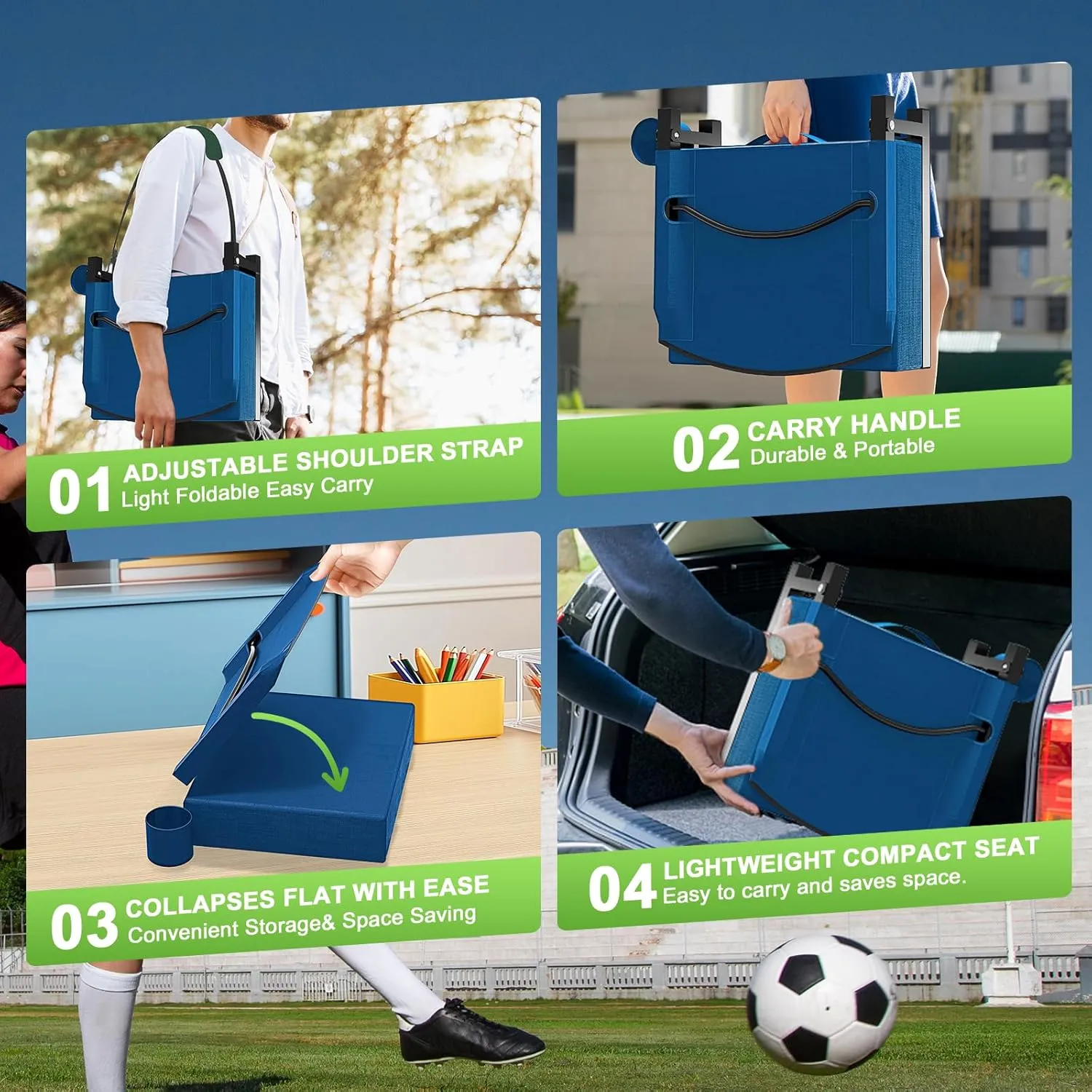 Stadium Seats with Back Support, Portable Bleacher Seat for Bleachers Hold up 400lbs, Wide Bleacher Seat with Shoulder Strap & Handle Perfect for Sports Events (Blue, 1pcs)