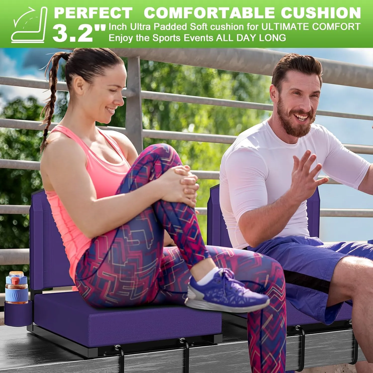 Stadium Seats with Back Support, Portable Bleacher Seat for Bleachers Hold up 400lbs, Wide Bleacher Seat with Shoulder Strap & Handle Perfect for Sports Events (Purple, 2pcs)