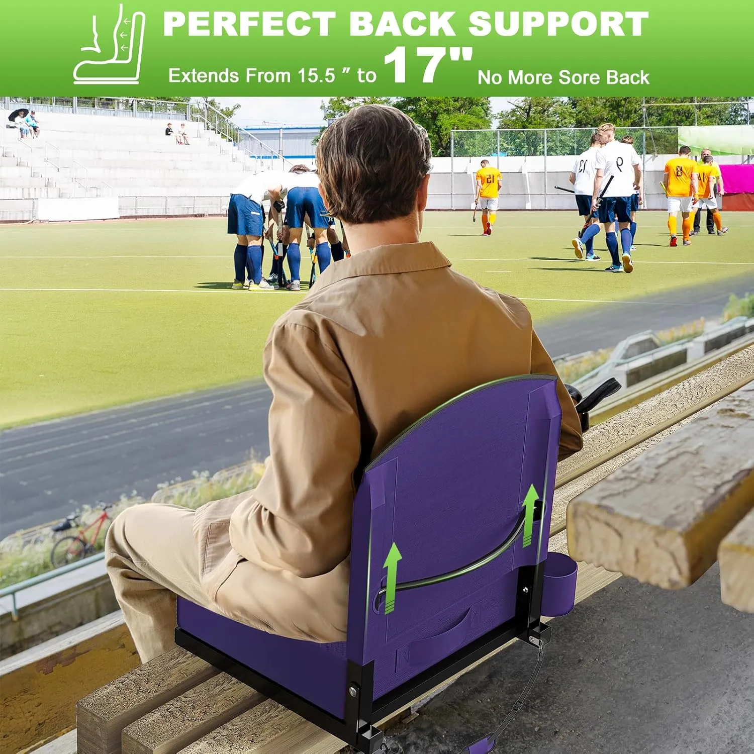 Stadium Seats with Back Support, Portable Bleacher Seat for Bleachers Hold up 400lbs, Wide Bleacher Seat with Shoulder Strap & Handle Perfect for Sports Events (Purple, 2pcs)