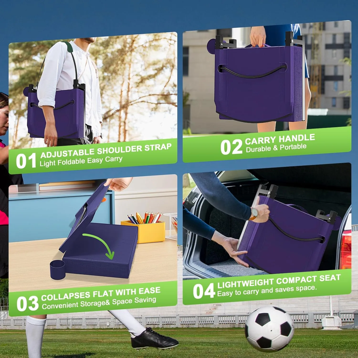 Stadium Seats with Back Support, Portable Bleacher Seat for Bleachers Hold up 400lbs, Wide Bleacher Seat with Shoulder Strap & Handle Perfect for Sports Events (Purple, 2pcs)