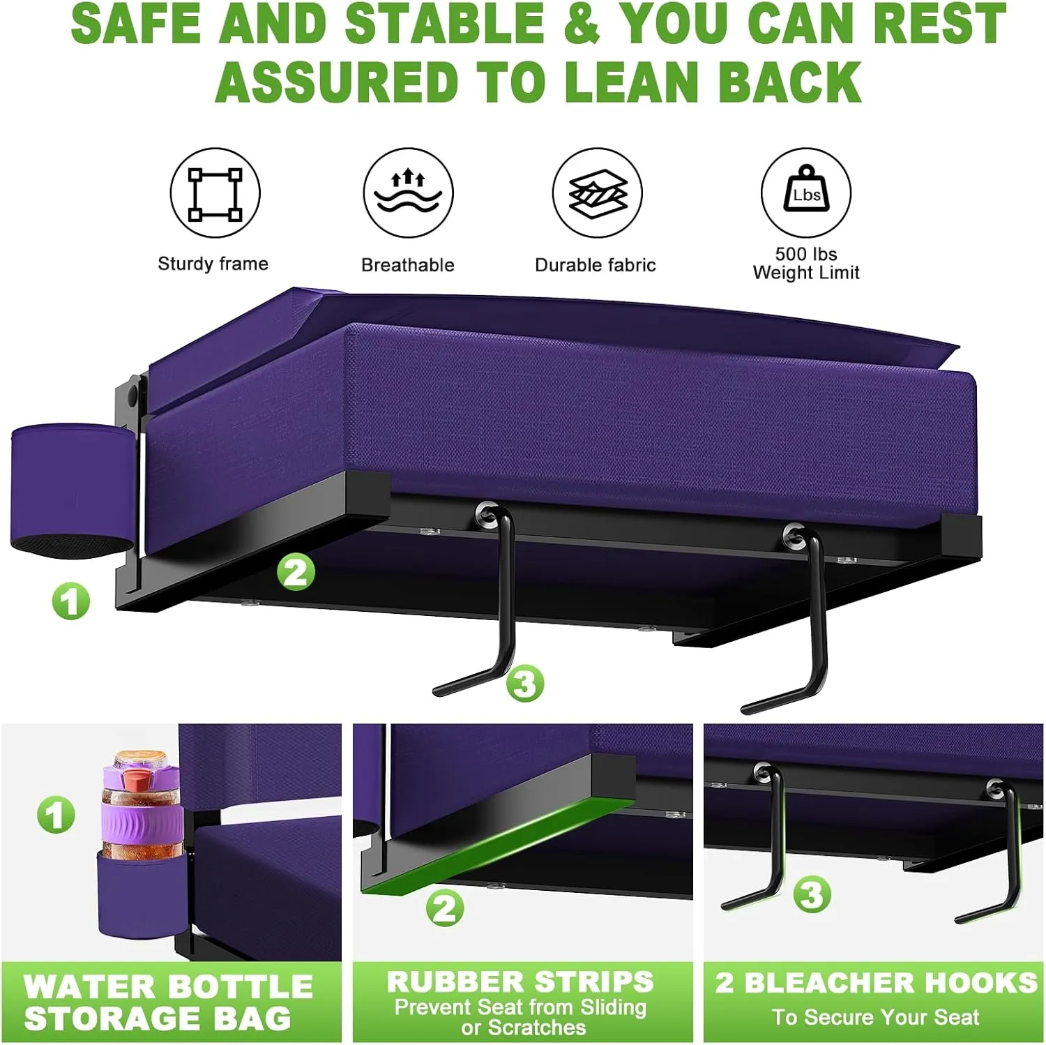 Stadium Seats with Back Support, Portable Bleacher Seat for Bleachers Hold up 400lbs, Wide Bleacher Seat with Shoulder Strap & Handle Perfect for Sports Events (Purple, 2pcs)