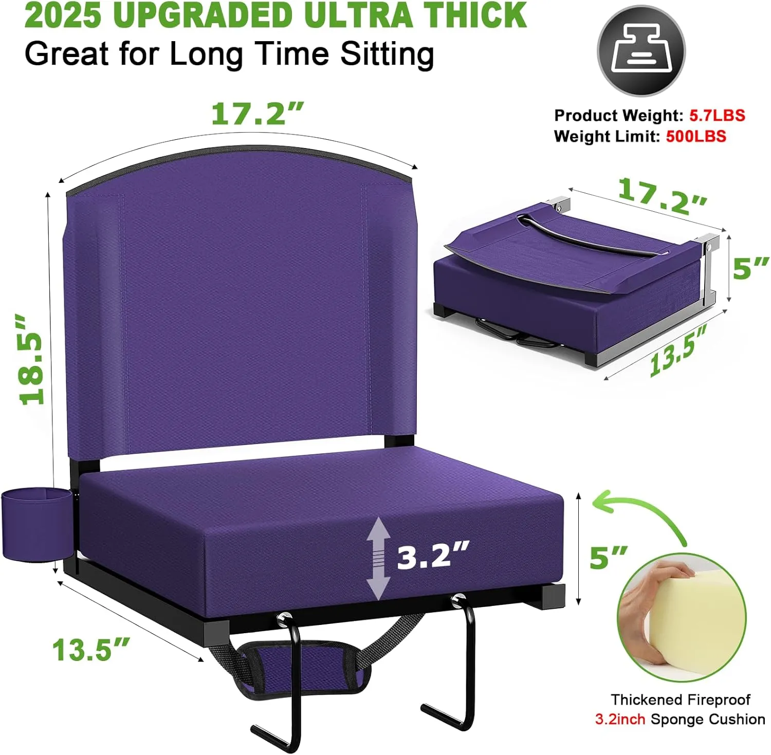 Stadium Seats with Back Support, Portable Bleacher Seat for Bleachers Hold up 400lbs, Wide Bleacher Seat with Shoulder Strap & Handle Perfect for Sports Events (Purple, 2pcs)
