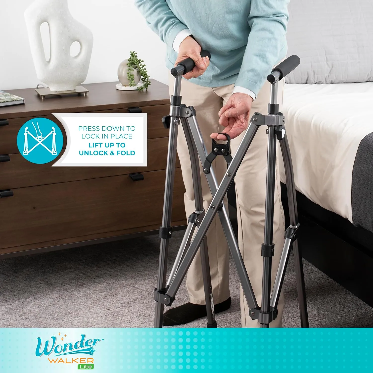 Stander Wonder Walker Lite, Lightweight Folding-Walker for Adults, Seniors, and Elderly, Collapsible Travel-Walker for Mobility Support, Compact Standard-Walker Without Wheels, Black Walnut