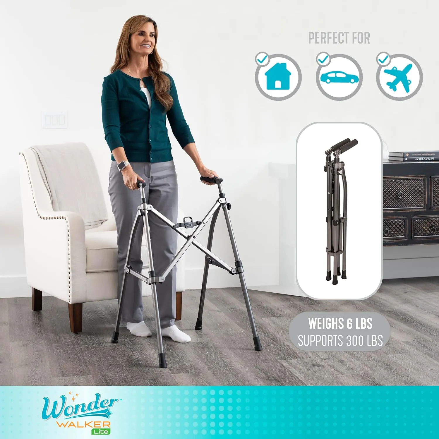Stander Wonder Walker Lite, Lightweight Folding-Walker for Adults, Seniors, and Elderly, Collapsible Travel-Walker for Mobility Support, Compact Standard-Walker Without Wheels, Black Walnut