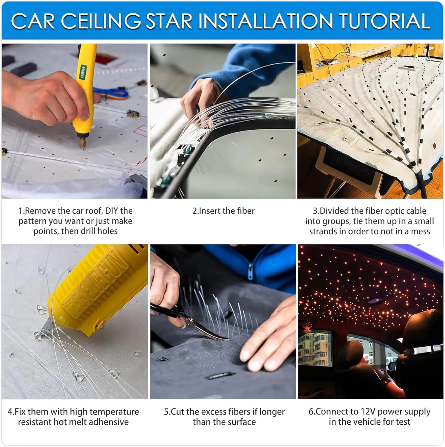 Starlight Headliner Kit, 10W Twinkle Fiber Optic Light Kit for Car Roof Use, 375pcs of (0.03in 0.04in 0.06in)*9.8ft Car Ceiling Star Lights with APP/Remote Music Control
