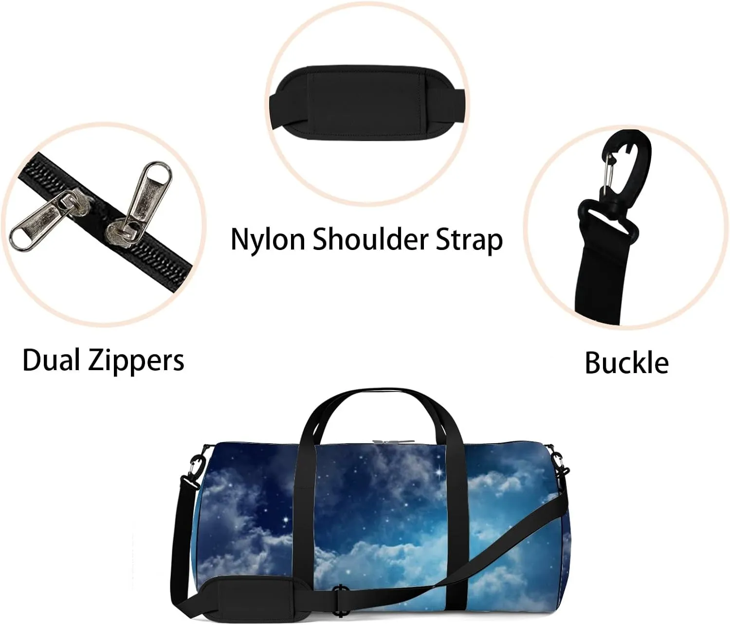 Starry Sky Night Sky Cloud Stars Moon Sports Bag Tote Bag Waterproof Gym Bag with Shoulder Strap Zipper 2 Side Pockets for Men and Women, Travel and Storage Shoulder Bag.