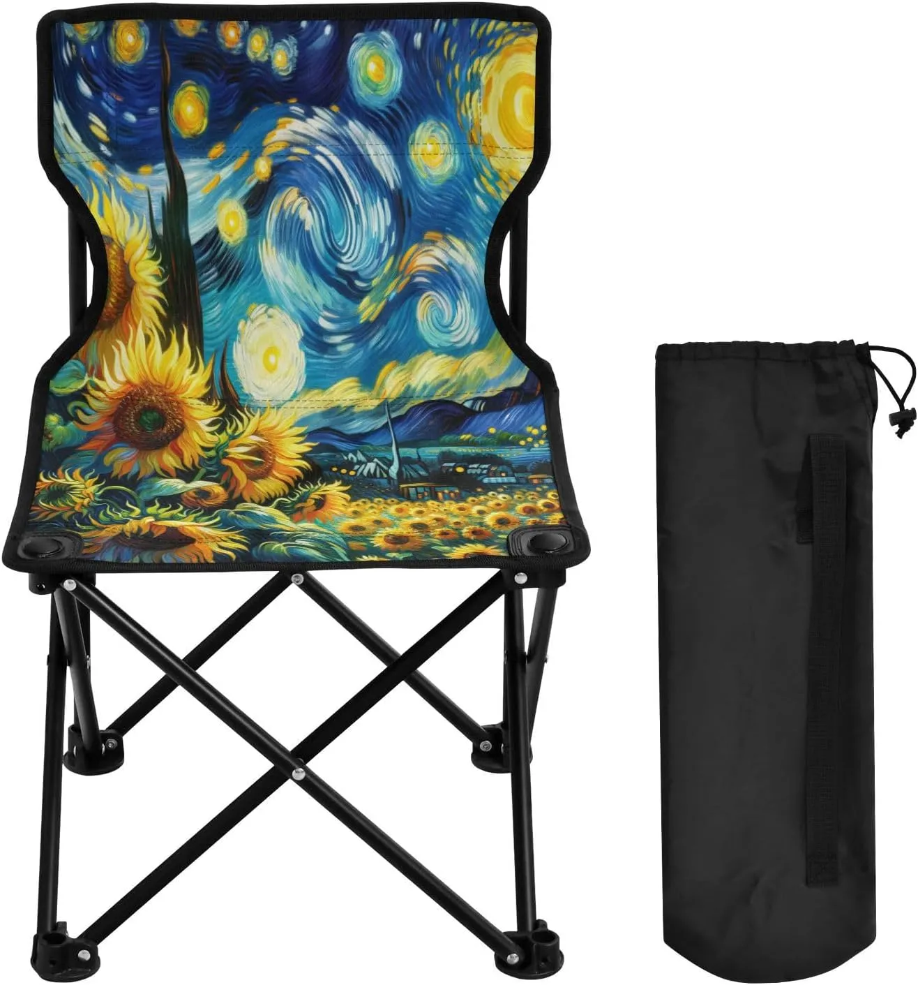 Starry Sunflower Oil Painting Portable Outdoor Folding Chair Anti-Slip Padded Oxford Cloth Stool Camping Chair Small for Beach Hiking Fishing Gardening Quad Camp Chair
