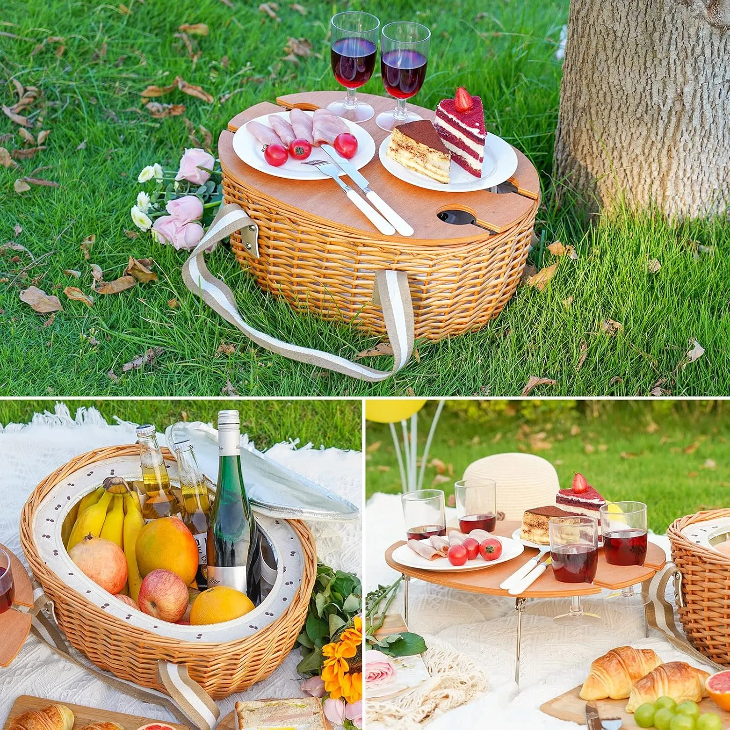 STBoo Picnic Basket for 4, Insulated Wicker Hamper with Folding Table, Willow Picnic Baskets Set with Large Insulated Cooler Bag for Camping Outdoor(Beige)