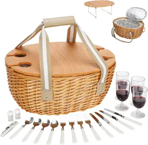 STBoo Picnic Basket for 4, Insulated Wicker Hamper with Folding Table, Willow Picnic Baskets Set with Large Insulated Cooler Bag for Camping Outdoor(Beige)