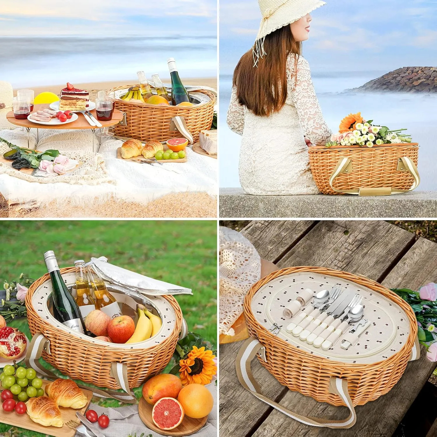 STBoo Picnic Basket for 4, Insulated Wicker Hamper with Folding Table, Willow Picnic Baskets Set with Large Insulated Cooler Bag for Camping Outdoor(Beige)