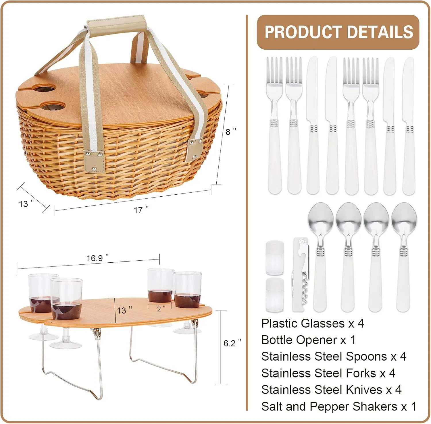 STBoo Picnic Basket for 4, Insulated Wicker Hamper with Folding Table, Willow Picnic Baskets Set with Large Insulated Cooler Bag for Camping Outdoor(Beige)