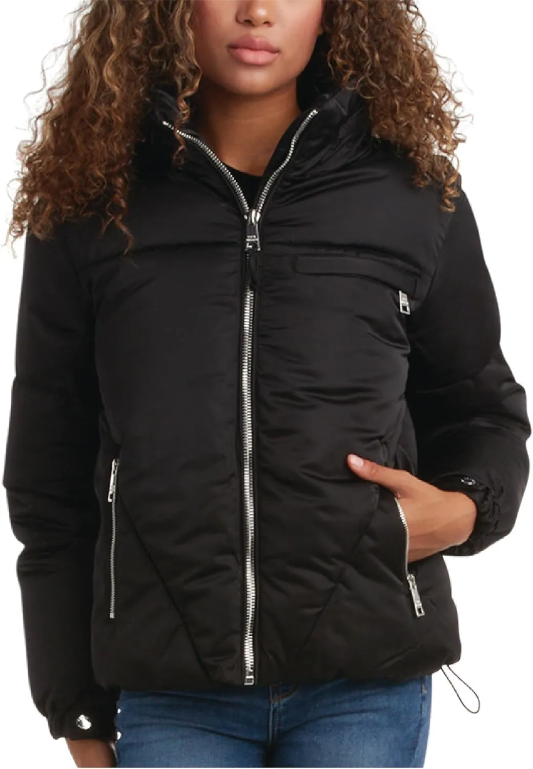 Steve Madden Women's Cropped Puffer Jacket - Quilted Winter Coat with Packable Hood - Cozy Outerwear Jacket for Women (S-XL)