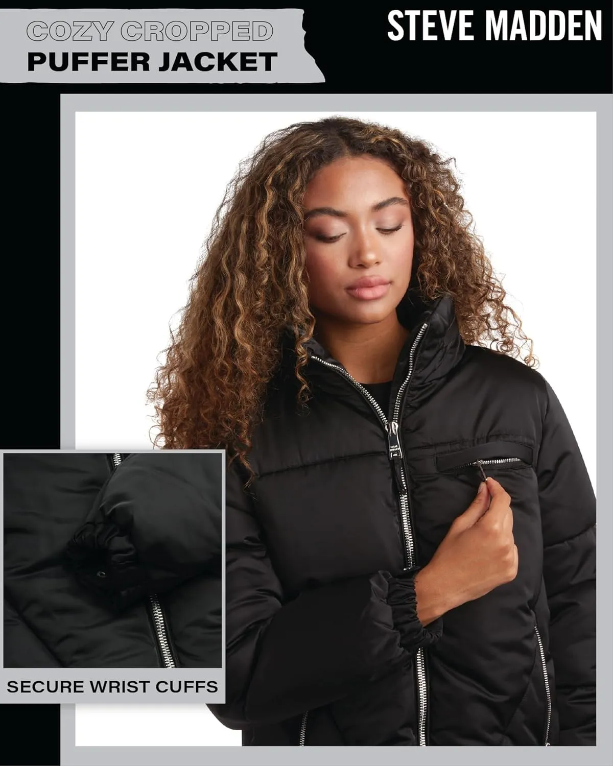 Steve Madden Women's Cropped Puffer Jacket - Quilted Winter Coat with Packable Hood - Cozy Outerwear Jacket for Women (S-XL)