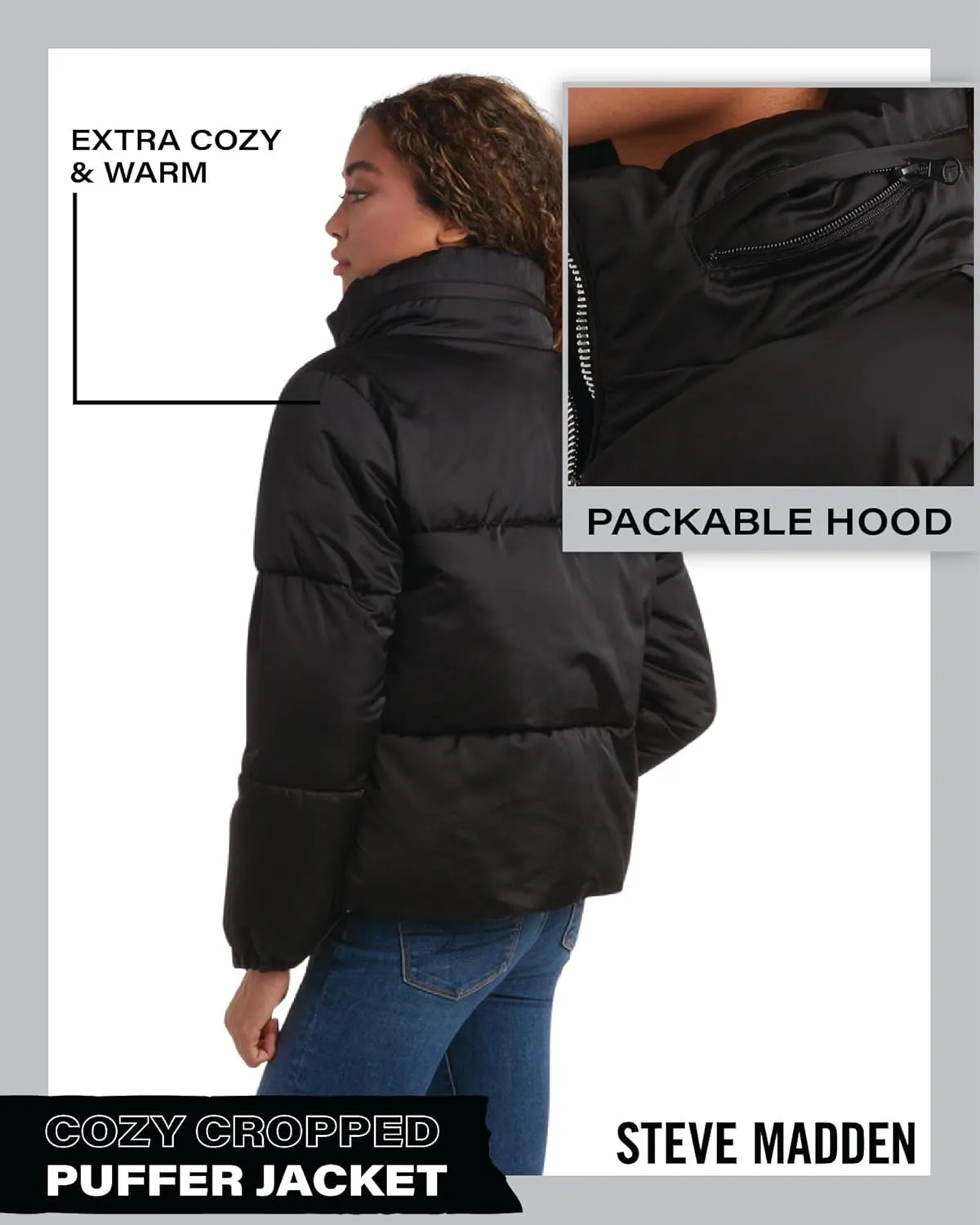 Steve Madden Women's Cropped Puffer Jacket - Quilted Winter Coat with Packable Hood - Cozy Outerwear Jacket for Women (S-XL)