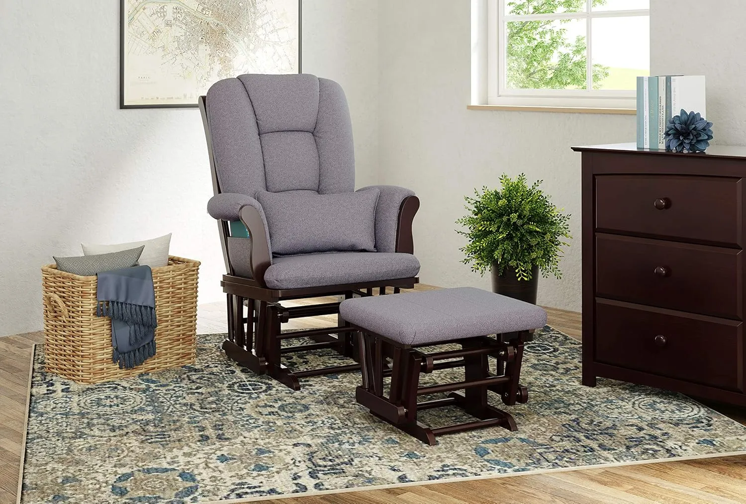Storkcraft Tuscany Custom Glider and Ottoman with Free Lumbar Pillow (Espresso/Slate Gray Swirl) - Cleanable Upholstered Comfort Rocking Nursery Chair with Ottoman