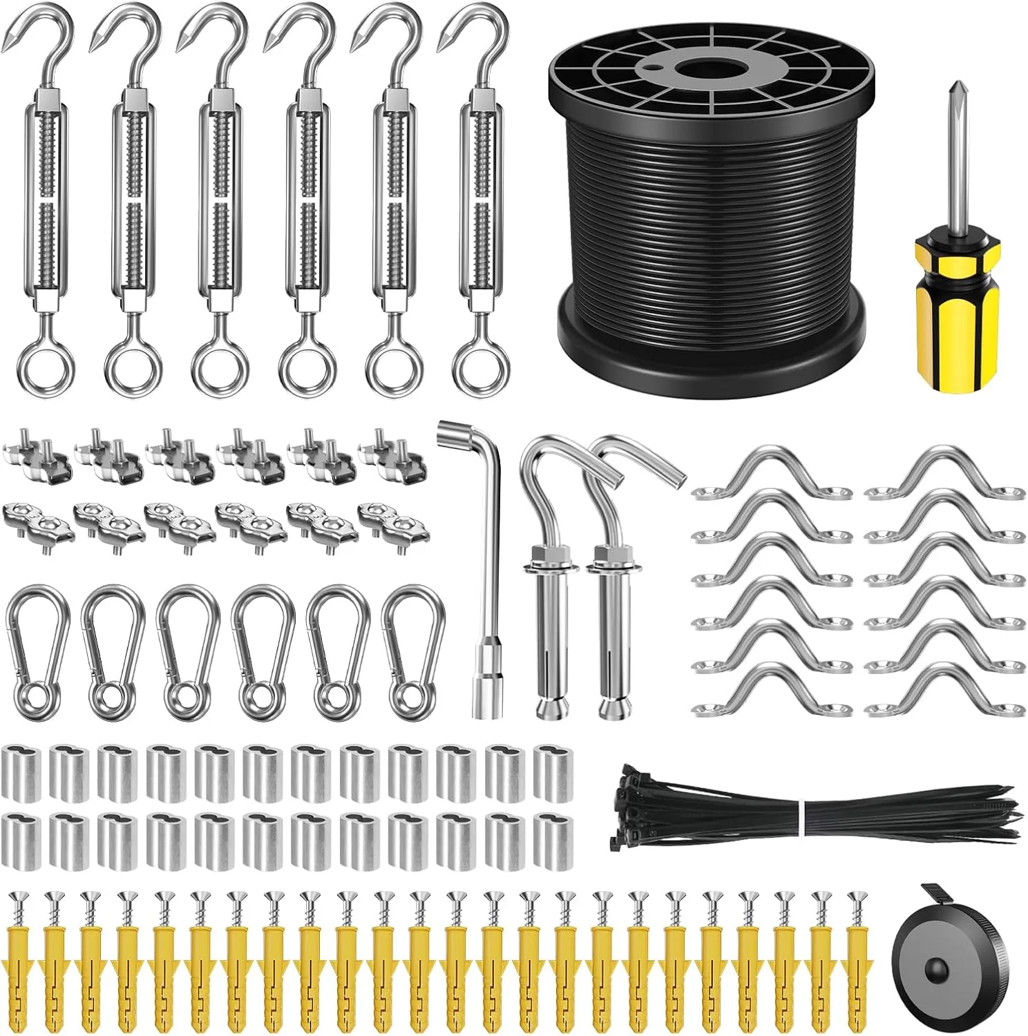 String Light Hanging Kit with 300FT Vinyl Coated Stainless Steel 304 Wire Rope Suspension Kit Included Enough Accessories with Turnbuckles and Hooks for Patio, Garden and Wedding Lighting