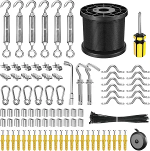 String Light Hanging Kit with 300FT Vinyl Coated Stainless Steel 304 Wire Rope Suspension Kit Included Enough Accessories with Turnbuckles and Hooks for Patio, Garden and Wedding Lighting