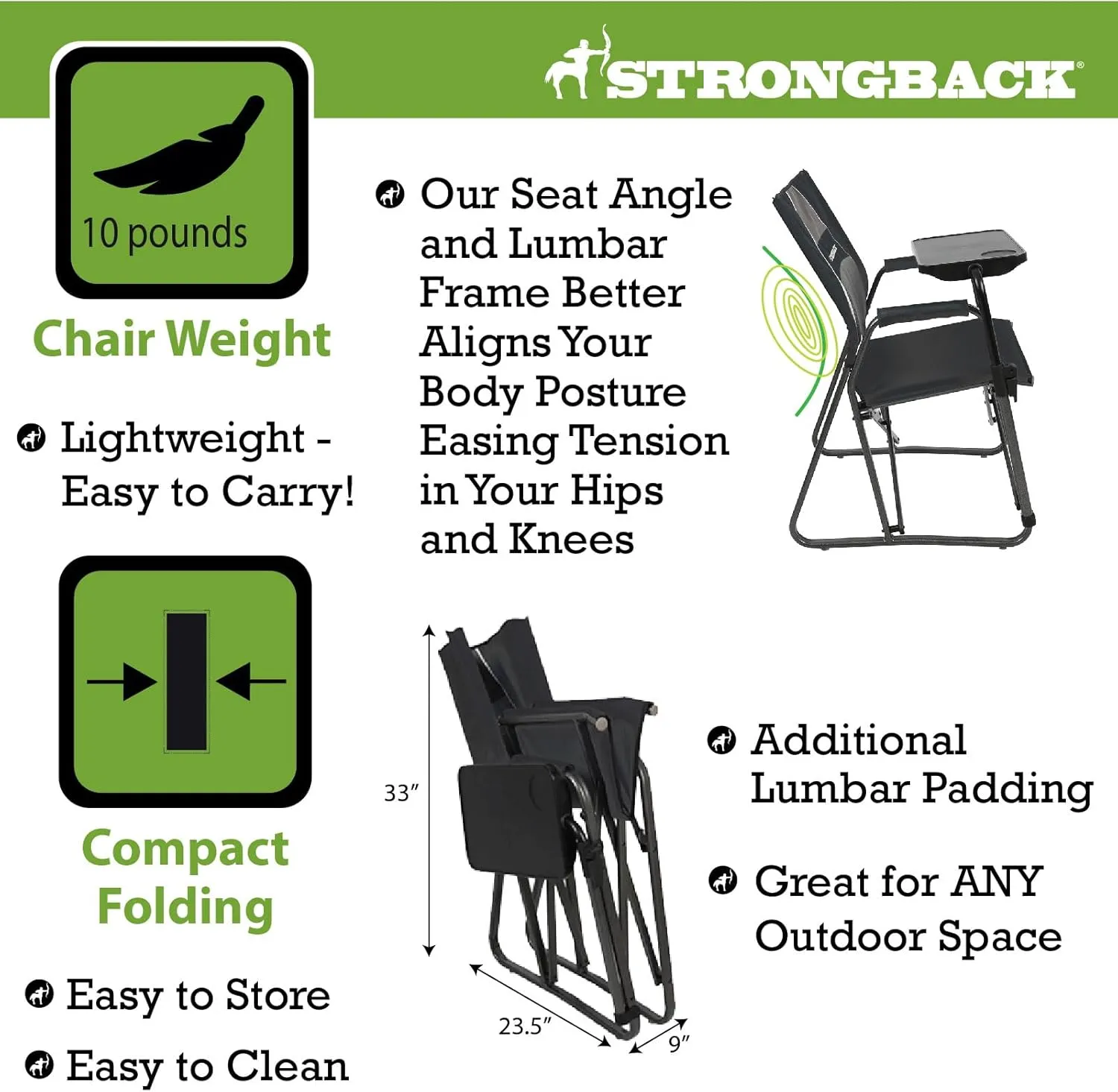 STRONGBACK Outdoors Director Chair - Portable Camping Chair with Lumbar Support - Heavy-Duty and Foldable