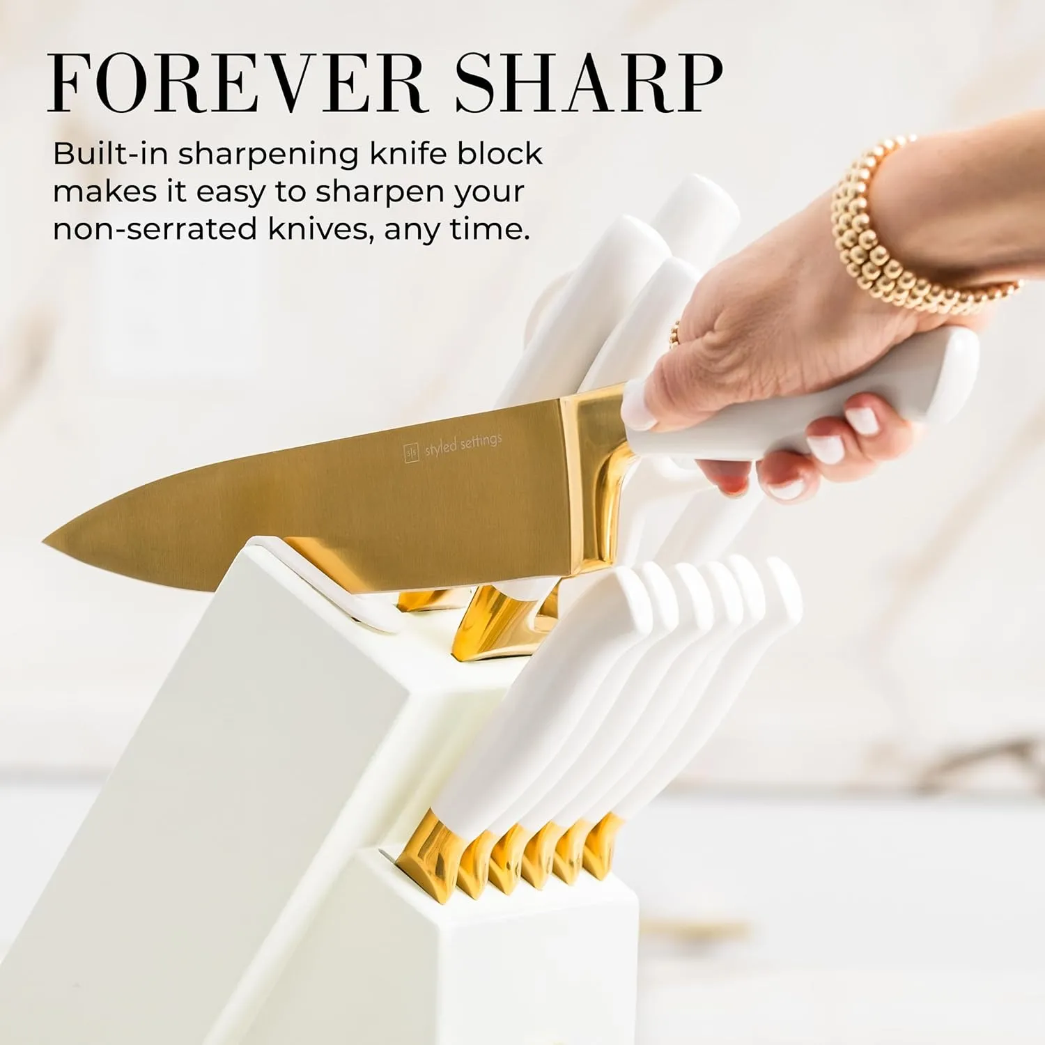 STYLED SETTINGS Gold Knife Set with Block Self Sharpening –14 Piece Gold and White Kitchen Knife Set with Built-In Sharpener, High Carbon Stainless Steel, Titanium Coated Blades, Luxury Kitchen