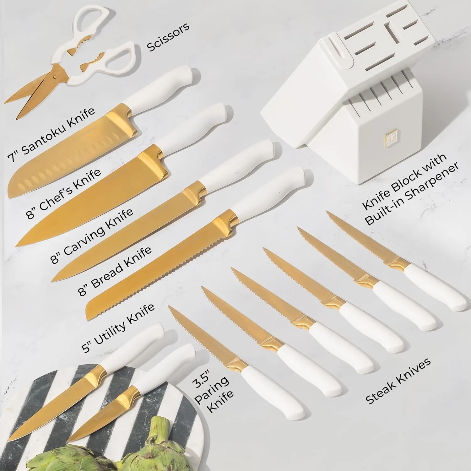 STYLED SETTINGS Gold Knife Set with Block Self Sharpening –14 Piece Gold and White Kitchen Knife Set with Built-In Sharpener, High Carbon Stainless Steel, Titanium Coated Blades, Luxury Kitchen