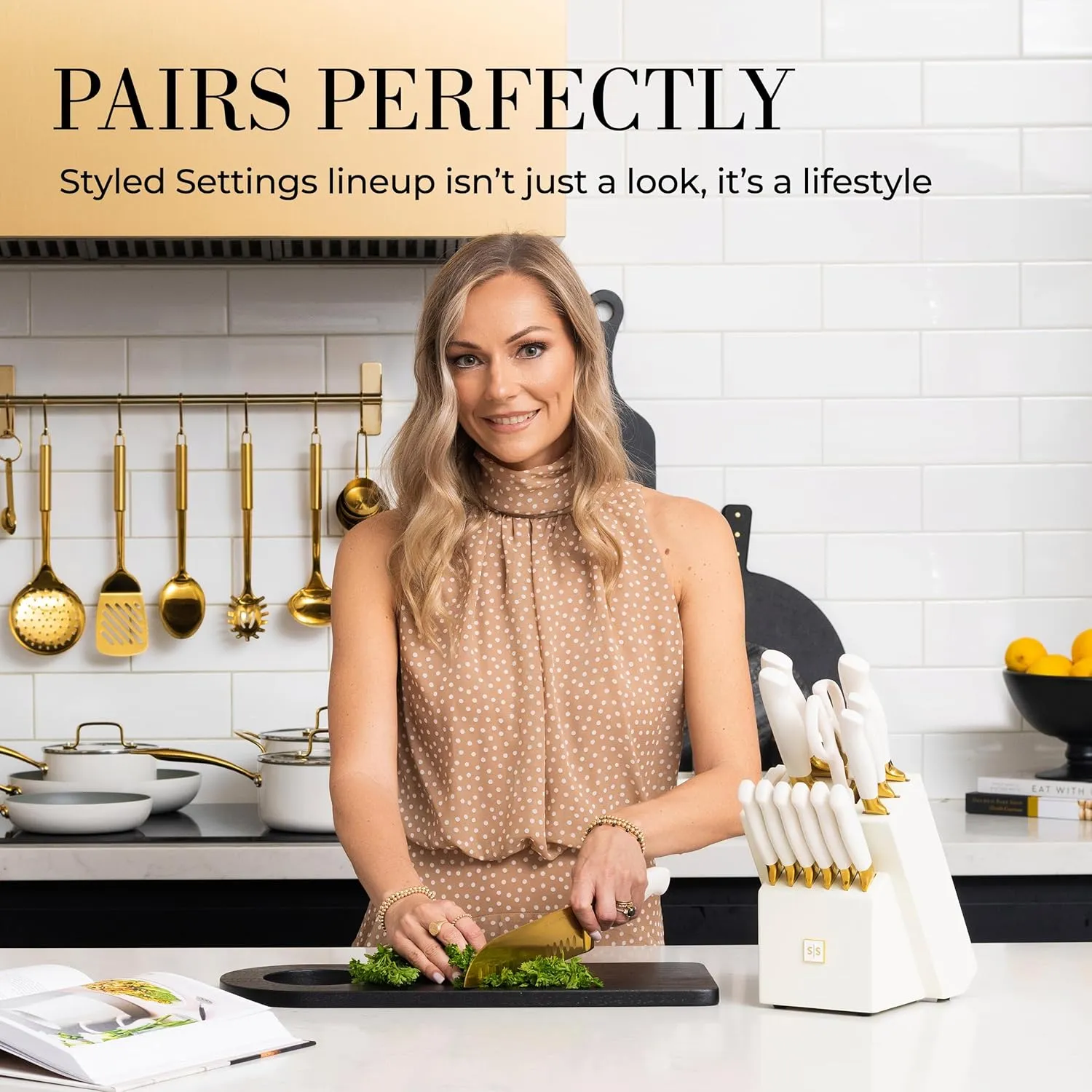 STYLED SETTINGS Gold Knife Set with Block Self Sharpening –14 Piece Gold and White Kitchen Knife Set with Built-In Sharpener, High Carbon Stainless Steel, Titanium Coated Blades, Luxury Kitchen