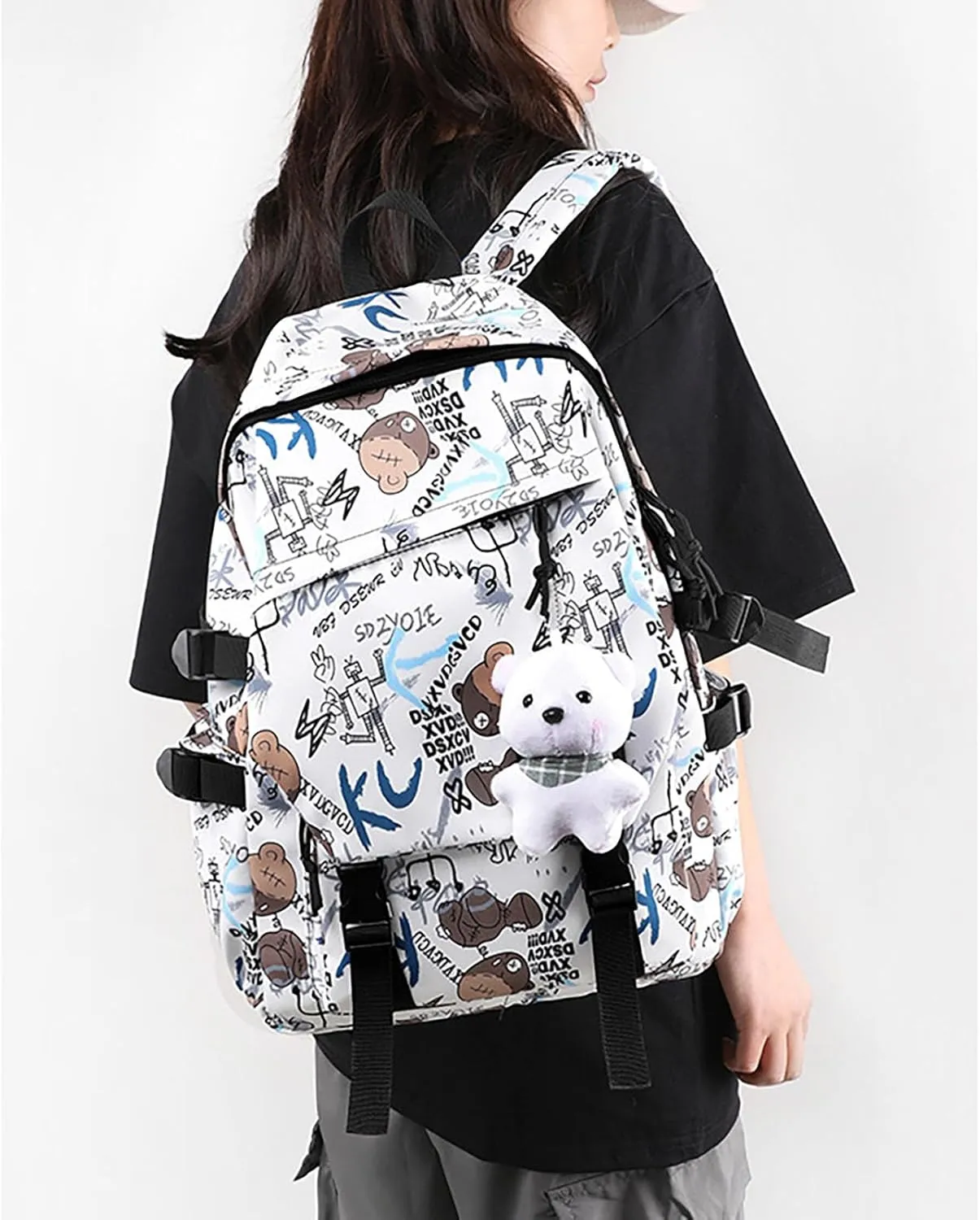 Stylish Casual Graffiti Print Lightweight Large Capacity College Travel Backpack Daypack for Women Men (White)