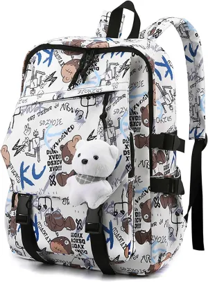 Stylish Casual Graffiti Print Lightweight Large Capacity College Travel Backpack Daypack for Women Men (White)
