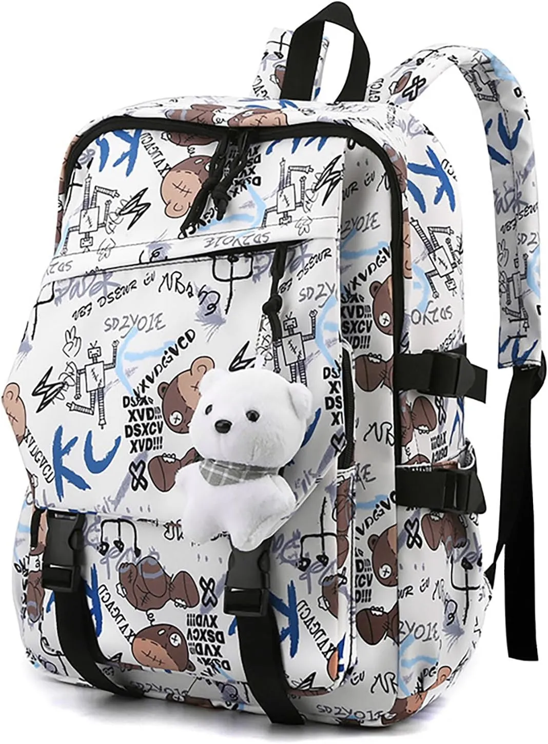 Stylish Casual Graffiti Print Lightweight Large Capacity College Travel Backpack Daypack for Women Men (White)