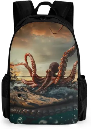 Suckers on The Day Octopus and Sailors Ship Laptop Backpack Lightweight Travel Shoulder Bag Casual Daypack for Men Women