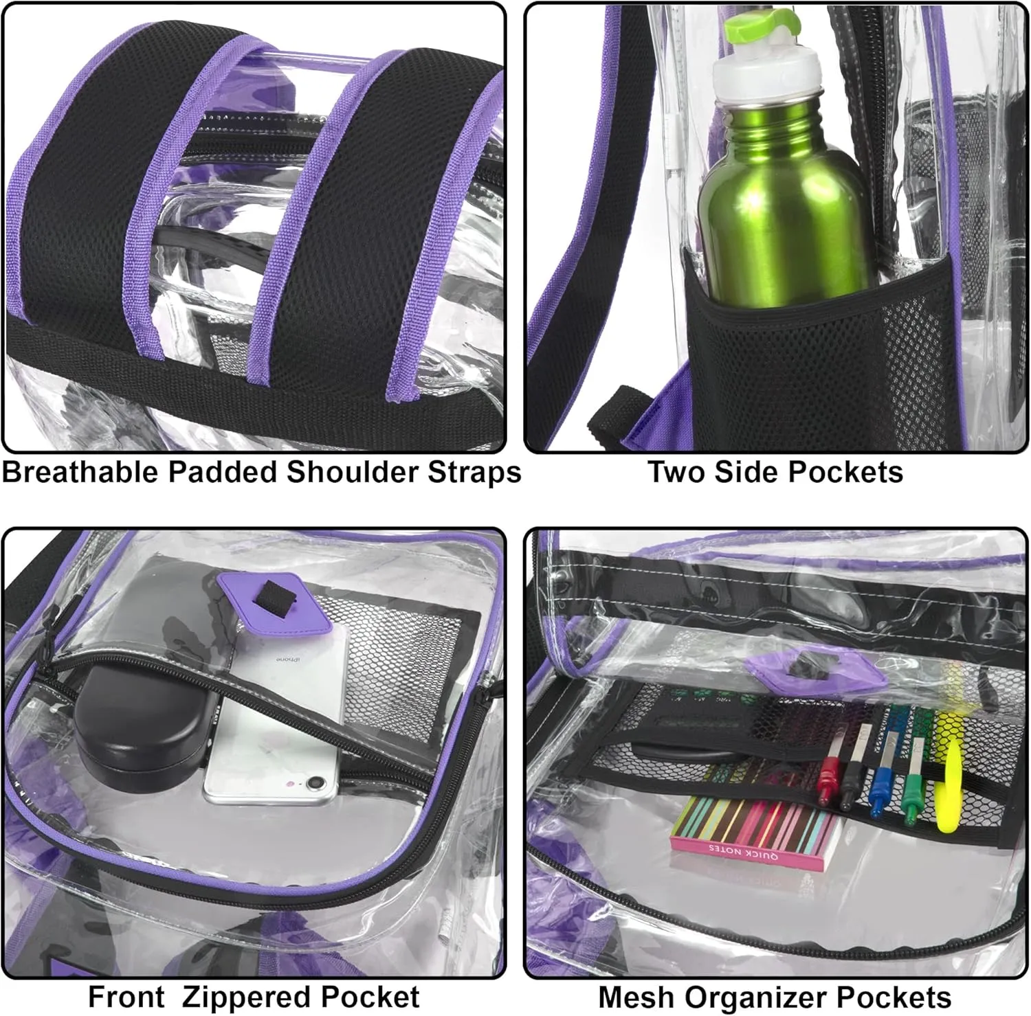 Summit Ridge Clear Waterproof Heavy Duty Stadium Approved Backpack with Mesh Pocket, Water Bottle Holding Pocket for Men and Women in Purple