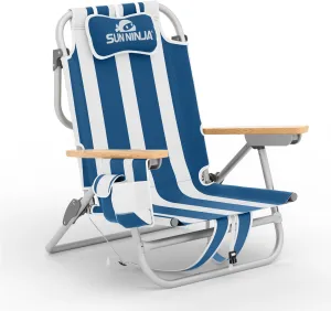 SUN NINJA Beach Chair – Folding Chair for Beach with 5 Reclining Positions, Cup & Phone Holder, Insulated Back Storage Pouch, Portable Lightweight Aluminum Frame - Navy Stripes 1pc