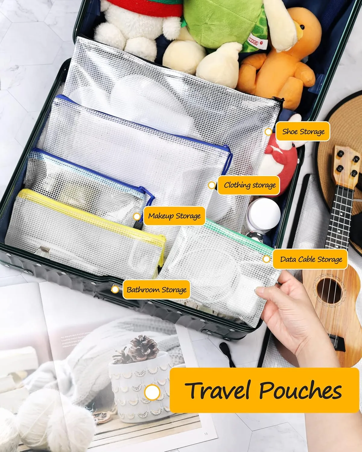 SUNEE Plastic Mesh Zipper Pouch 7x11 in (9 Colors, 18 Packs),Extra Large Water-Resistant Zip Bag for School Office Supplies, Puzzles & Games Organizing Storage