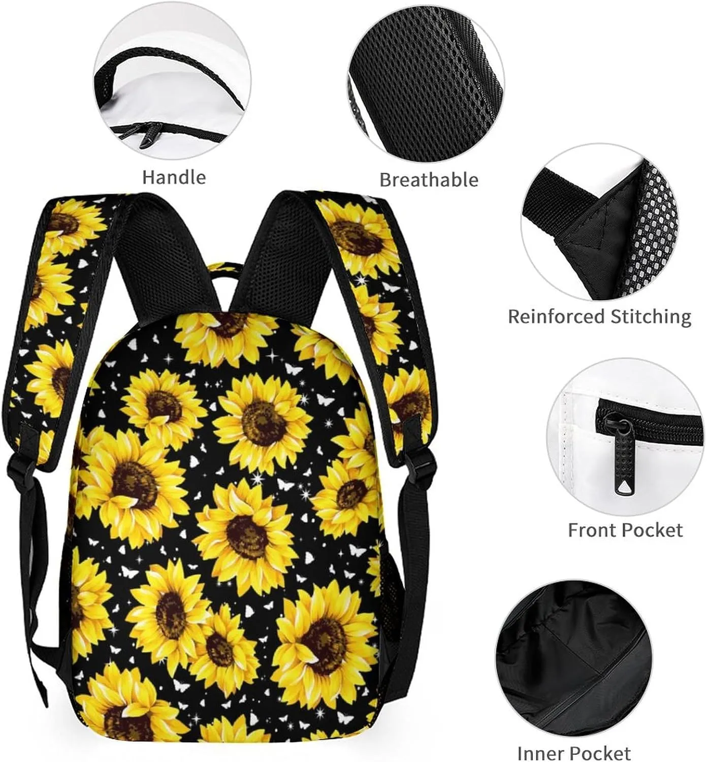 Sunflower Backpack with Lunch Box & Pencil Case for Kids Girls Boys School, 16 Inch Cute Sunflowers Bookbag, School Backpack for Students Children, Lightweight, Large Capacity