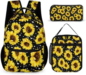 Sunflower Backpack with Lunch Box & Pencil Case for Kids Girls Boys School, 16 Inch Cute Sunflowers Bookbag, School Backpack for Students Children, Lightweight, Large Capacity